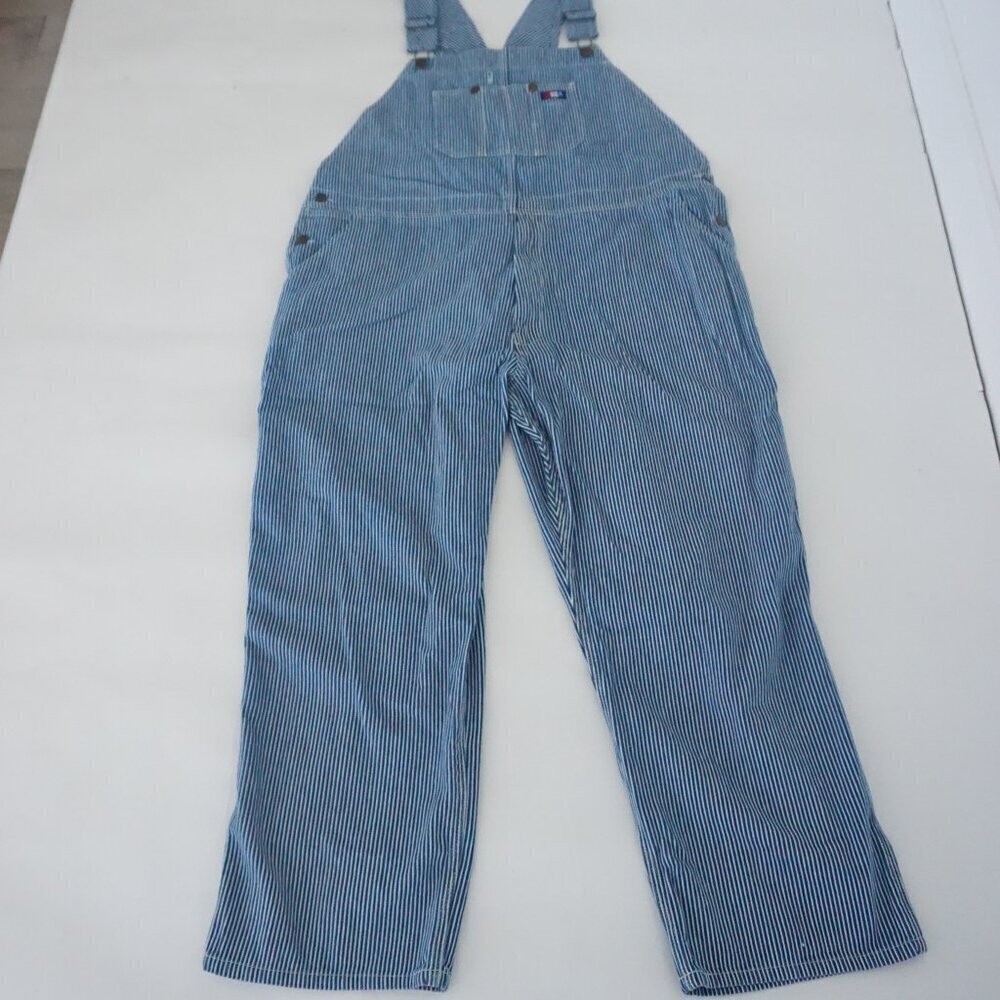 USA Works Blue Stripe Denim Overalls Railroad Carpenter Retro 80s 90s Workwear L